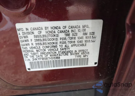 2007 Honda Pilot Ex-L z USA, uszkodzony, nr VIN 2HKYF18587H515168